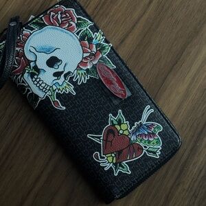 Ed Hardy Black Wallet with Red Rose & Skull Tattoo Art